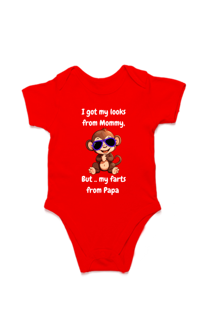 Funny Baby Boy Rompers - Mommy’s Looks, Daddy’s Farts – A Perfect Combo! (Cute Monkey - White Font)