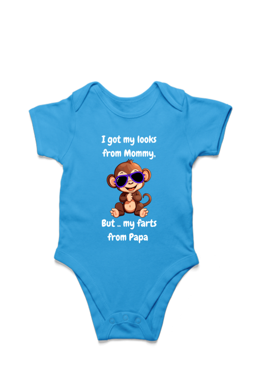 Funny Baby Boy Rompers - Mommy’s Looks, Daddy’s Farts – A Perfect Combo! (Cute Monkey - White Font)