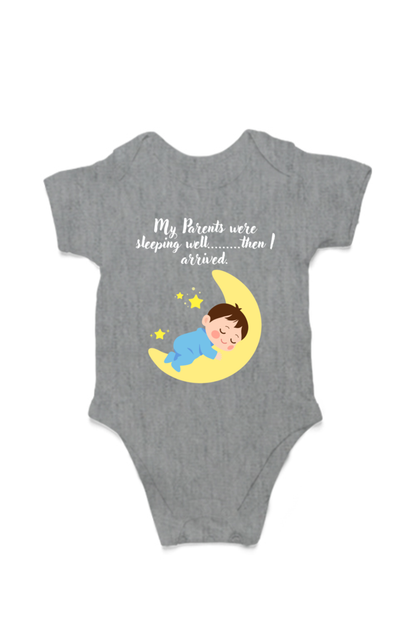 Funny Baby Boy Rompers - Because Sleep Was Overrated… Until He Arrived! (White Font)