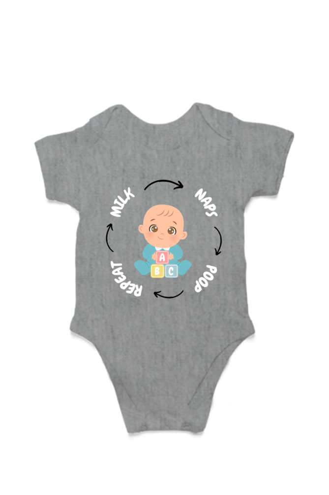 Funny Baby Boy Romper for Tiny Bosses - Milk, Naps, Poop, Repeat (White Font)