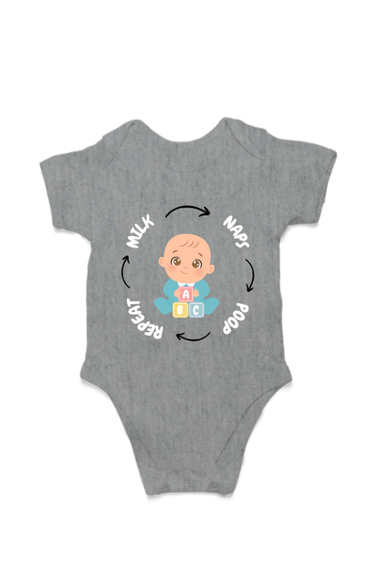Funny Baby Boy Romper for Tiny Bosses - Milk, Naps, Poop, Repeat (White Font)