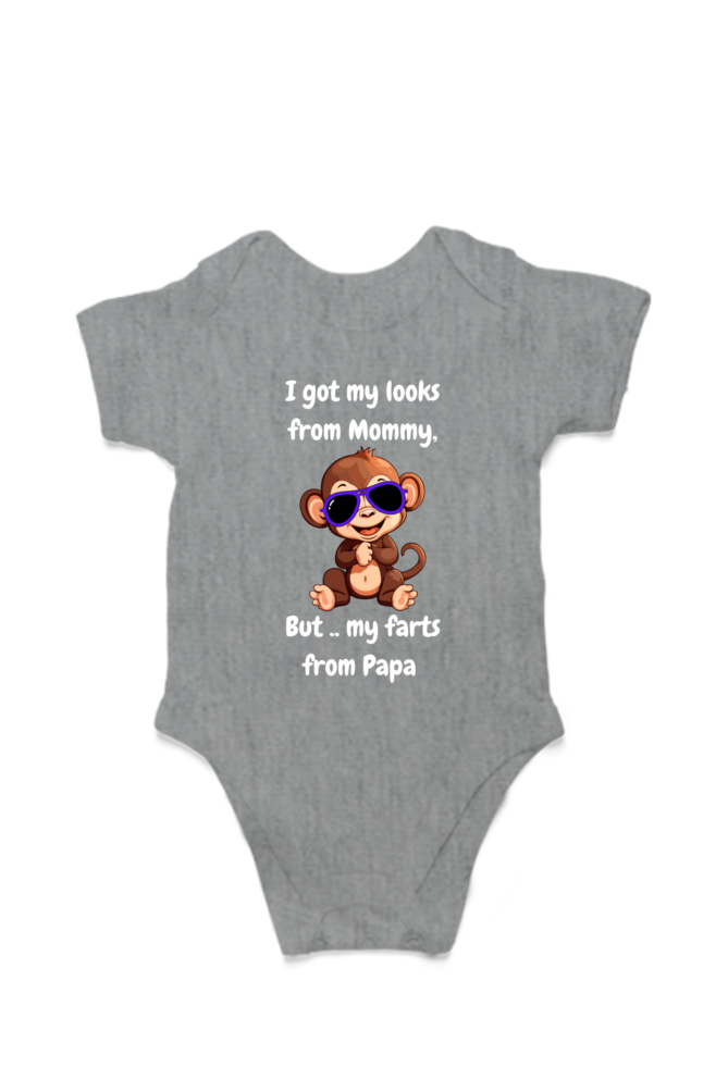 Funny Baby Boy Rompers - Mommy’s Looks, Daddy’s Farts – A Perfect Combo! (Cute Monkey - White Font)