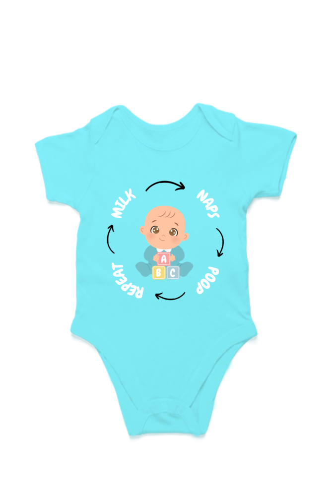 Funny Baby Boy Romper for Tiny Bosses - Milk, Naps, Poop, Repeat (White Font)