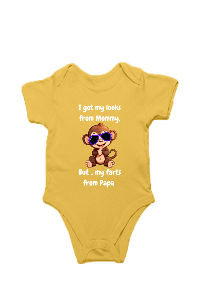 Funny Baby Boy Rompers - Mommy’s Looks, Daddy’s Farts – A Perfect Combo! (Cute Monkey - White Font)
