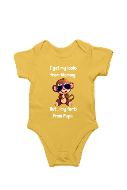 Funny Baby Boy Rompers - Mommy’s Looks, Daddy’s Farts – A Perfect Combo! (Cute Monkey - White Font)