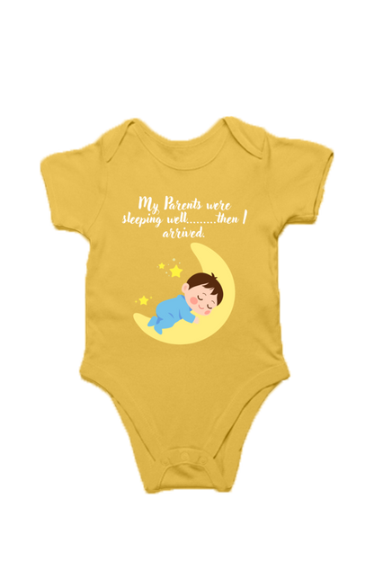 Funny Baby Boy Rompers - Because Sleep Was Overrated… Until He Arrived! (White Font)