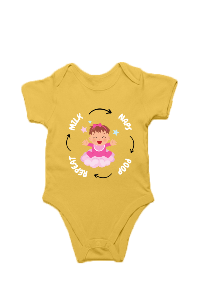Funny Baby Girl Romper for Your Little Diva - Milk, Naps, Poop, Repeat (White Font)