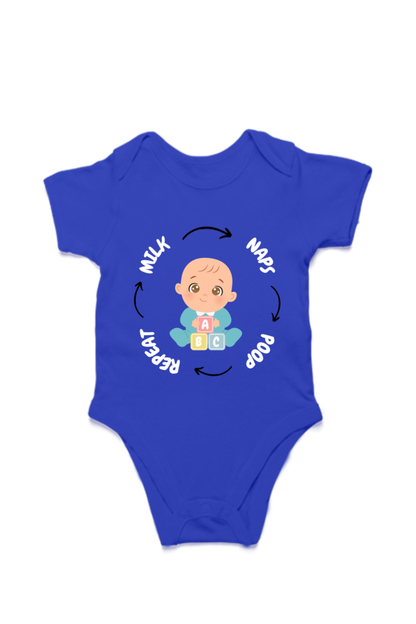 Funny Baby Boy Romper for Tiny Bosses - Milk, Naps, Poop, Repeat (White Font)