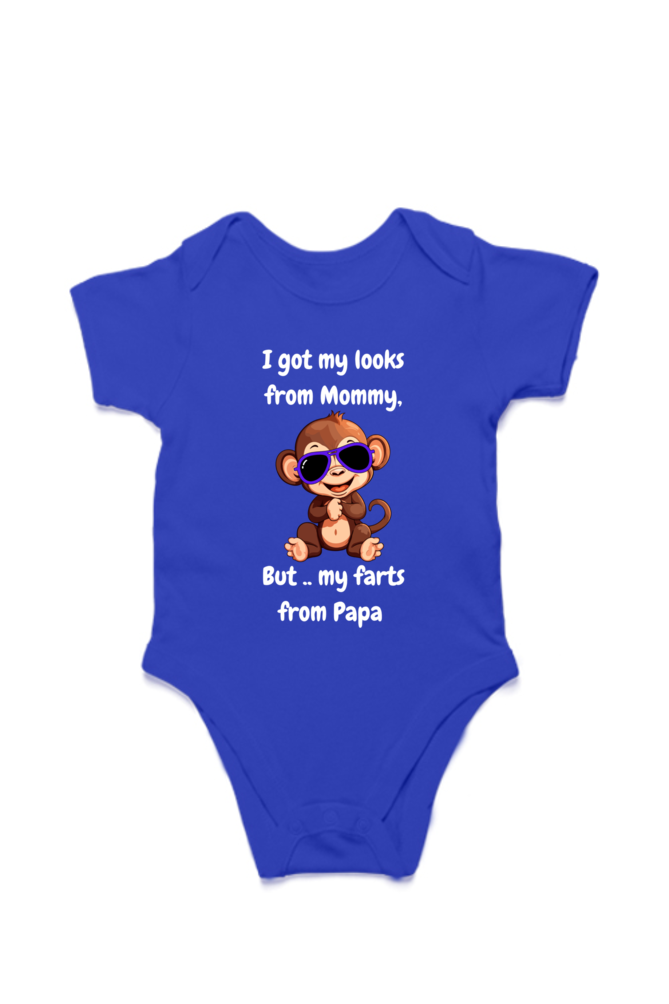 Funny Baby Boy Rompers - Mommy’s Looks, Daddy’s Farts – A Perfect Combo! (Cute Monkey - White Font)