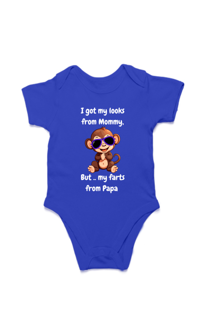 Funny Baby Boy Rompers - Mommy’s Looks, Daddy’s Farts – A Perfect Combo! (Cute Monkey - White Font)
