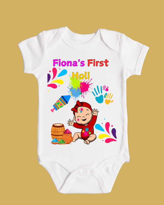 Cute Holi 2025 Romper For Baby Girl! White Half Sleeves Romper